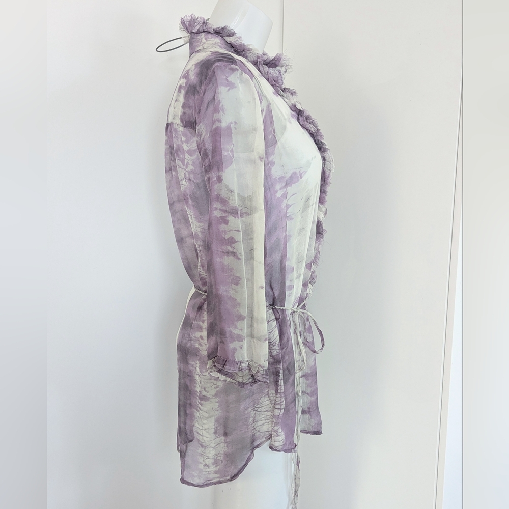 DA-NANG Silk Long Sleeve Tie Dye Blouse with Ruffle Front, Purple/Light Grey;SzM - Picture 8 of 10